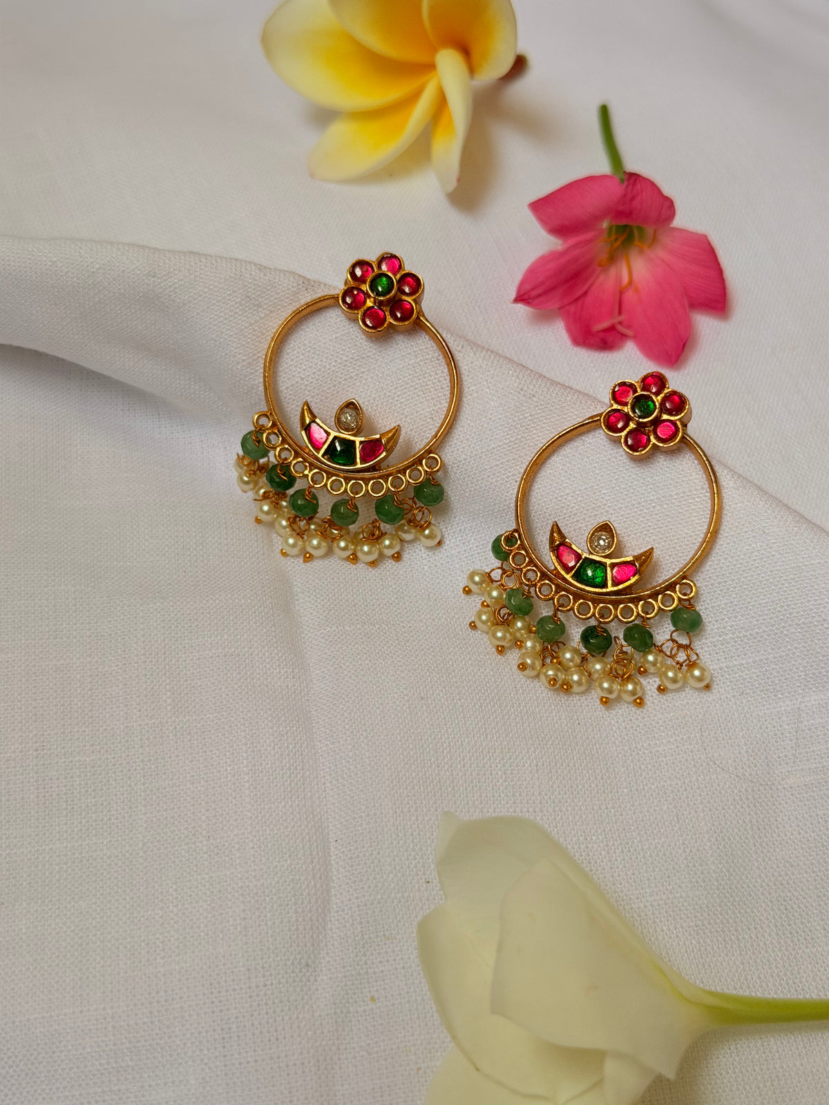 Floral Hoop Temple Earrings with Green Beads & Pearls