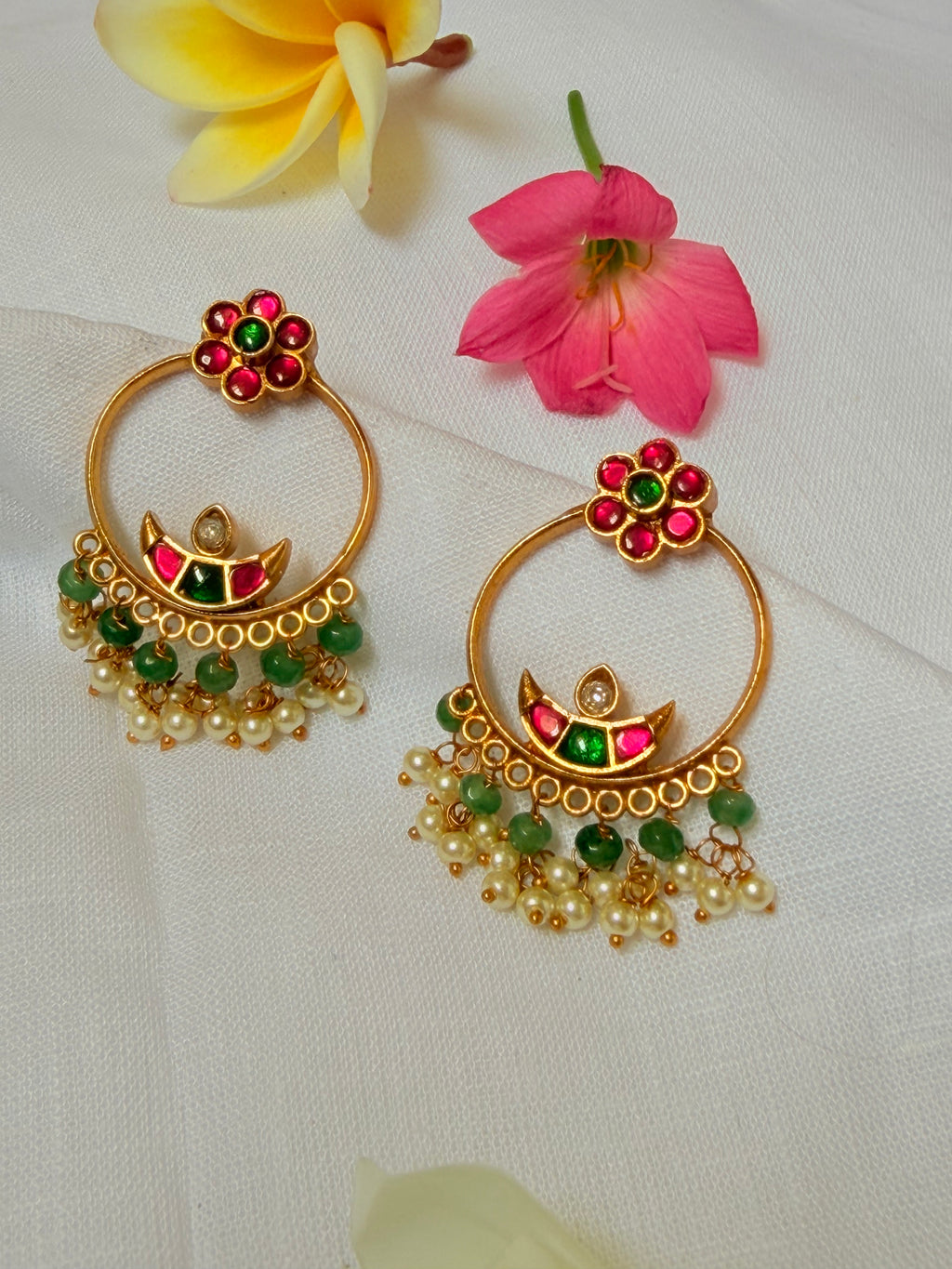 Floral Hoop Temple Earrings with Green Beads & Pearls - Floral Hoop Temple Earrings with Green Beads & Pearls (2)